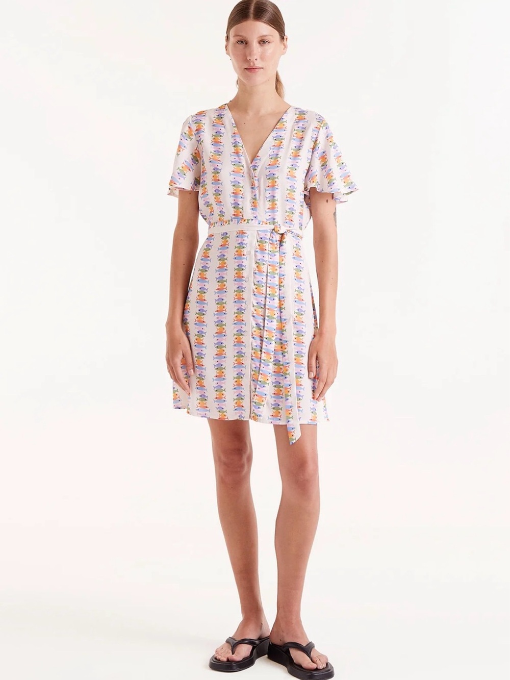 Rainbow Fish V-Neck Dress with Buttons and Tie